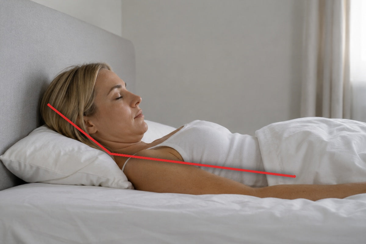 La misma mujer sobre una almohada convencional: el cuello se dobla y pierde la linea de la columna