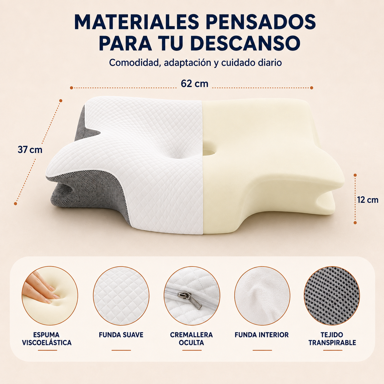 Corte de la almohada AthletLab: espuma viscoelástica, funda transpirable y medidas 62 x 37 x 12 cm
