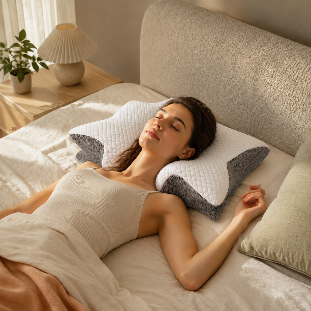 Mujer durmiendo boca arriba sobre la almohada cervical AthletLab en un dormitorio con luz natural