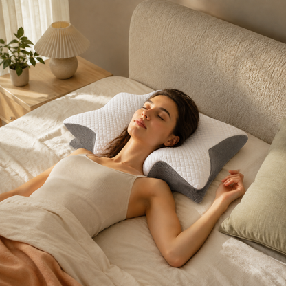 Mujer durmiendo boca arriba sobre la almohada cervical AthletLab en un dormitorio con luz natural
