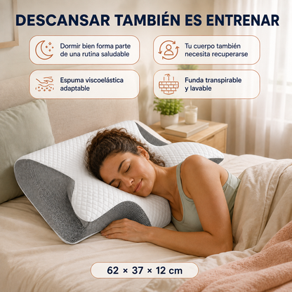 Mujer durmiendo de lado sobre la almohada cervical AthletLab en una cama, con sus cuatro características principales