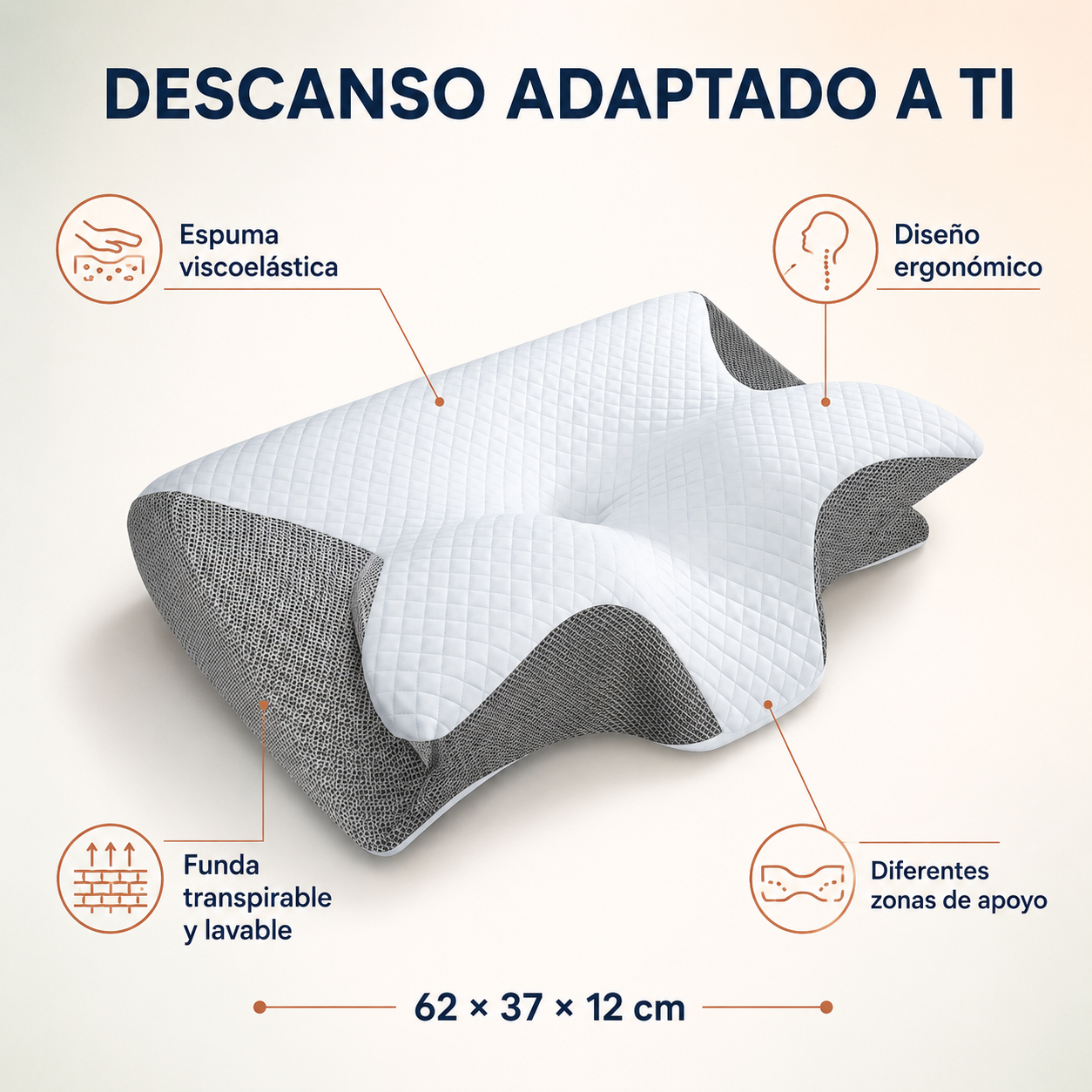 Almohada cervical AthletLab con sus zonas de apoyo señaladas y medidas 62 x 37 x 12 cm