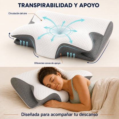 Almohada cervical AthletLab: esquema de circulación del aire y zonas de apoyo, y mujer durmiendo de lado sobre ella