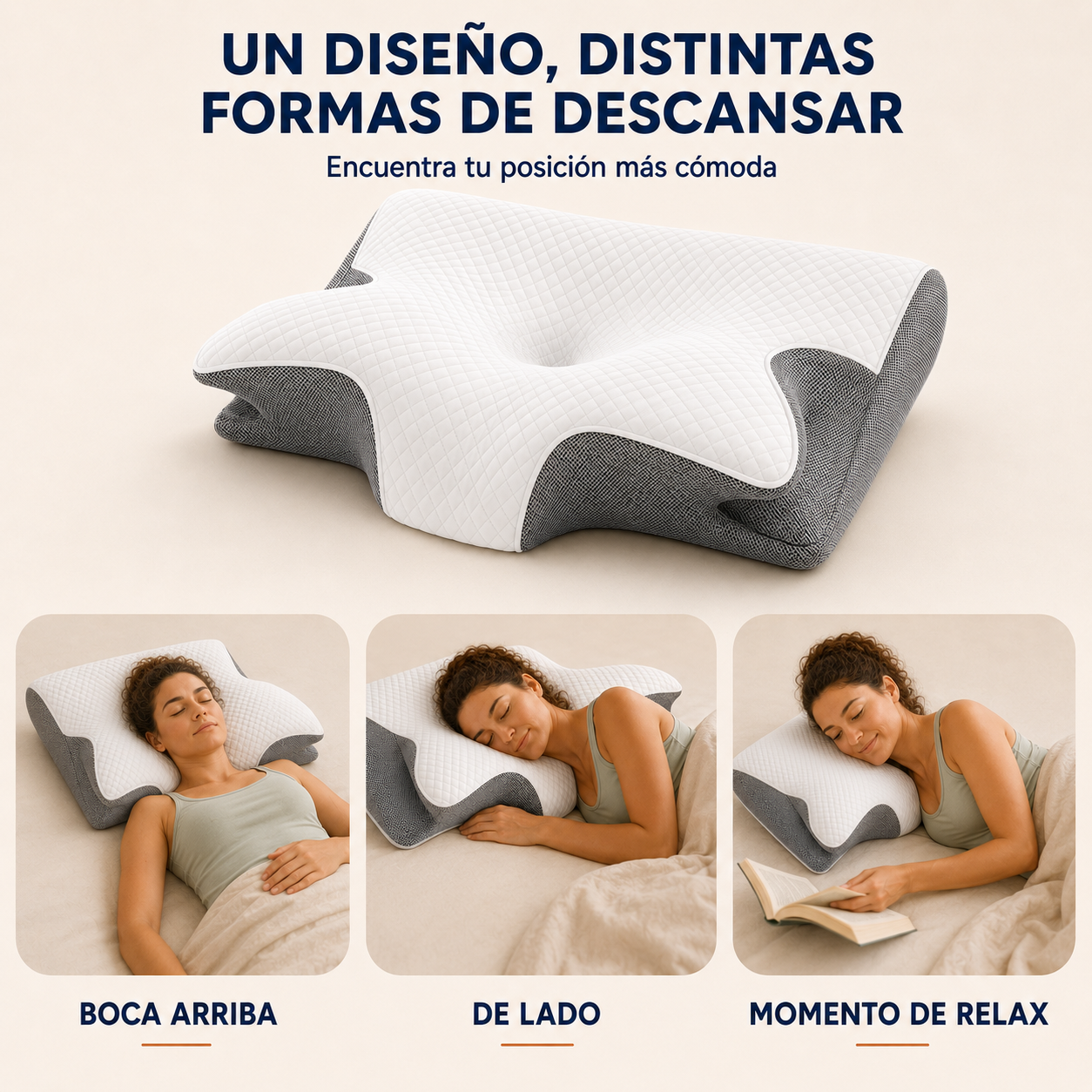 La almohada AthletLab usada en tres posturas: boca arriba, de lado y en un momento de relax