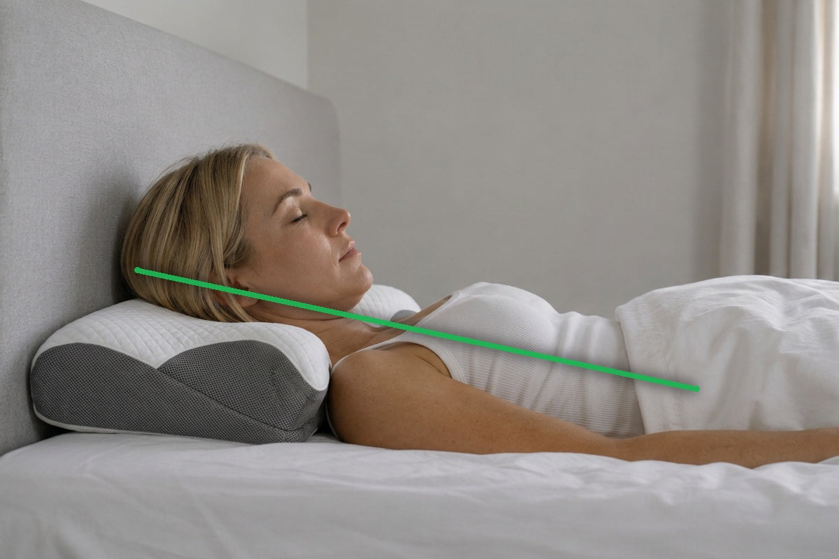Mujer durmiendo boca arriba sobre la almohada cervical AthletLab: el cuello queda en linea recta con la columna